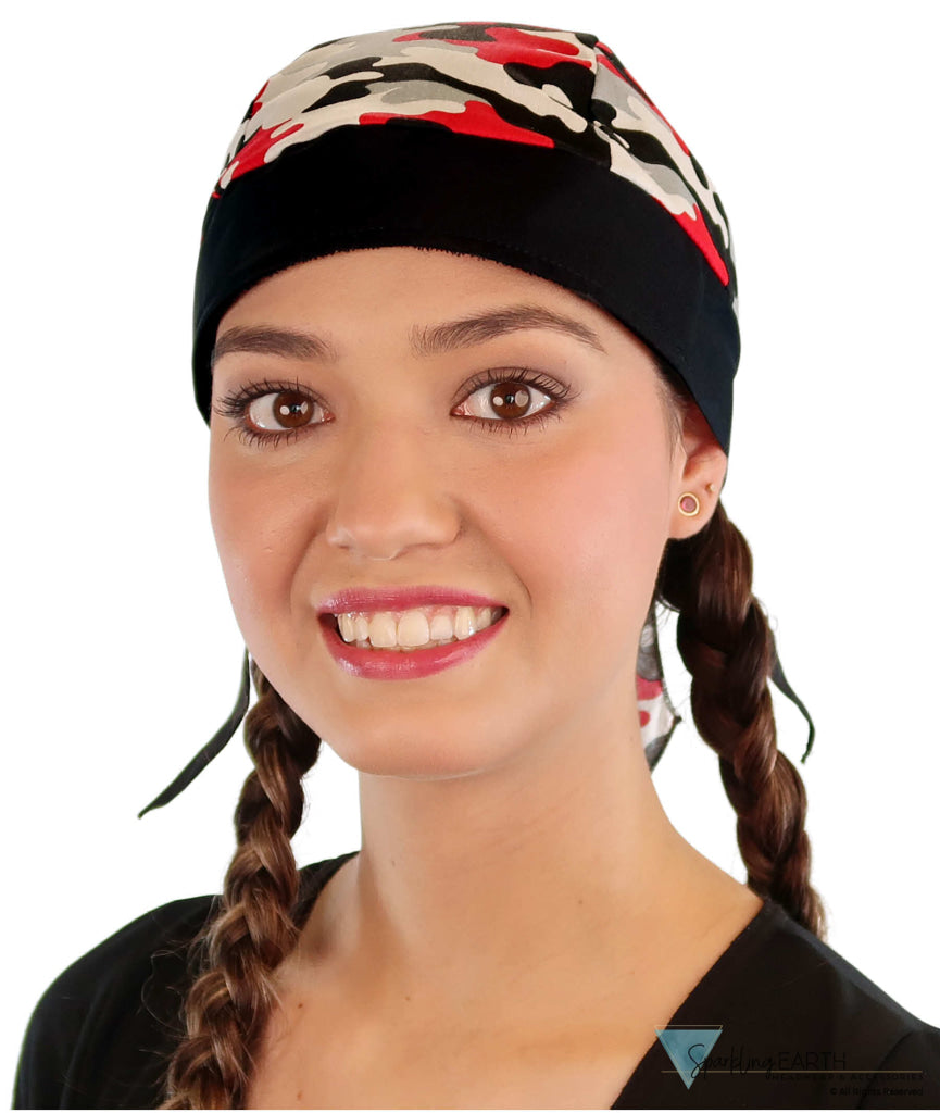 Breathable Cotton Skull Caps: Perfect for Any Activity - Red Grey Black & White Camouflage with Black Ties Classic