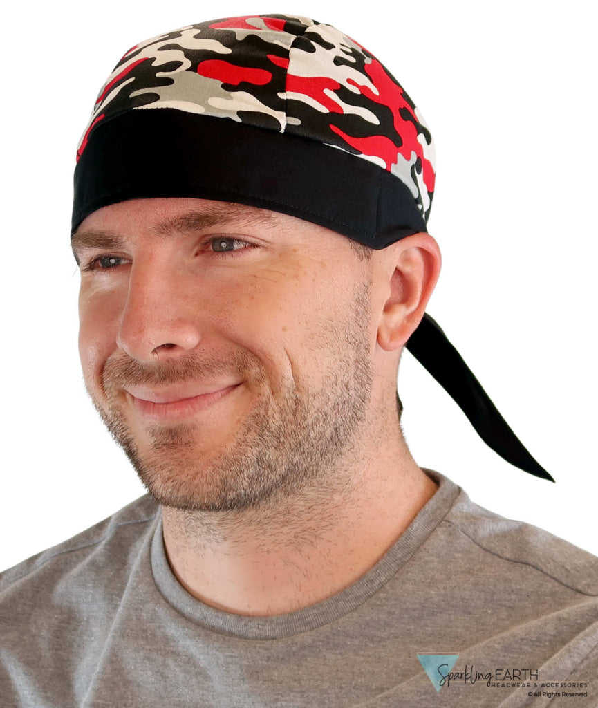 Breathable Cotton Skull Caps Red Grey Black & White Camouflage with Black Ties Classic Skull Caps