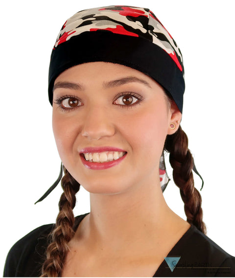 Breathable Cotton Skull Caps: Perfect for Any Activity - Red Grey Black & White Camouflage with Black Ties Classic