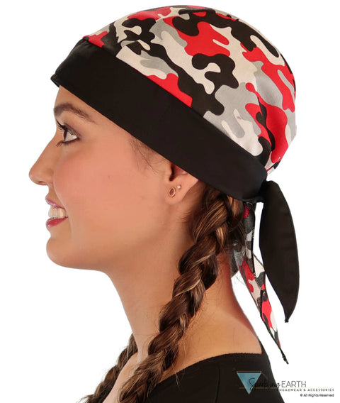 Breathable Cotton Skull Caps: Perfect for Any Activity - Red Grey Black & White Camouflage with Black Ties Classic