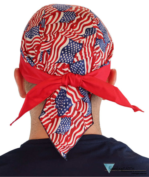 Breathable Cotton Skull Caps: Perfect for Any Activity - Small Tossed US Flags with Red Band Classic Skull Caps