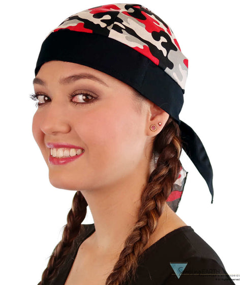 Breathable Cotton Skull Caps Red Grey Black & White Camouflage with Black Ties Classic Skull Caps