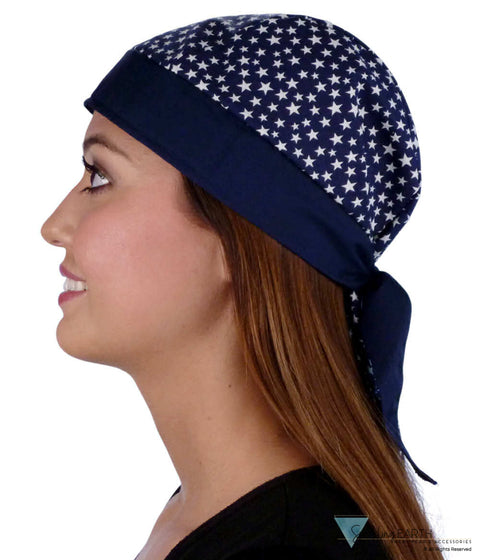 Breathable Cotton Skull Caps - Small Stars on Navy with Navy Band Classic Skull Caps