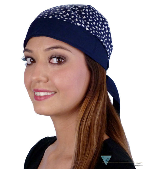 Breathable Cotton Skull Caps - Small Stars on Navy with Navy Band Classic Skull Caps