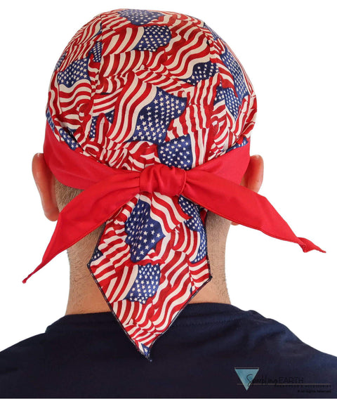 Breathable Cotton Skull Caps Small Tossed US Flag with Red Band Classic Skull Caps