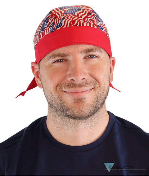 Breathable Cotton Skull Caps Small Tossed US Flag with Red Band Classic Skull Caps