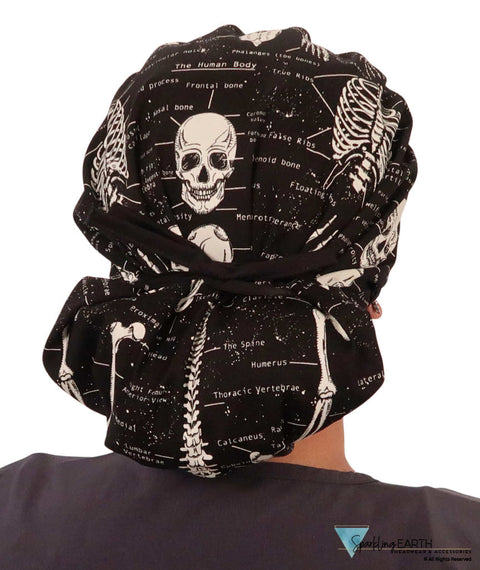 Stylish American Made Banded Bouffant Ponytail Scrub Cap - Human Body Skeletons with Black Ties (Glow in the Dark)