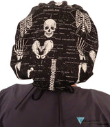 Stylish American Made Banded Bouffant Ponytail Scrub Cap - Human Body Skeletons with Black Ties (Glow in the Dark)