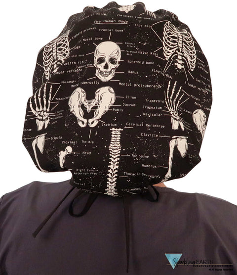 Stylish American Made Banded Bouffant Ponytail Scrub Cap - Human Body Skeletons with Black Ties (Glow in the Dark)