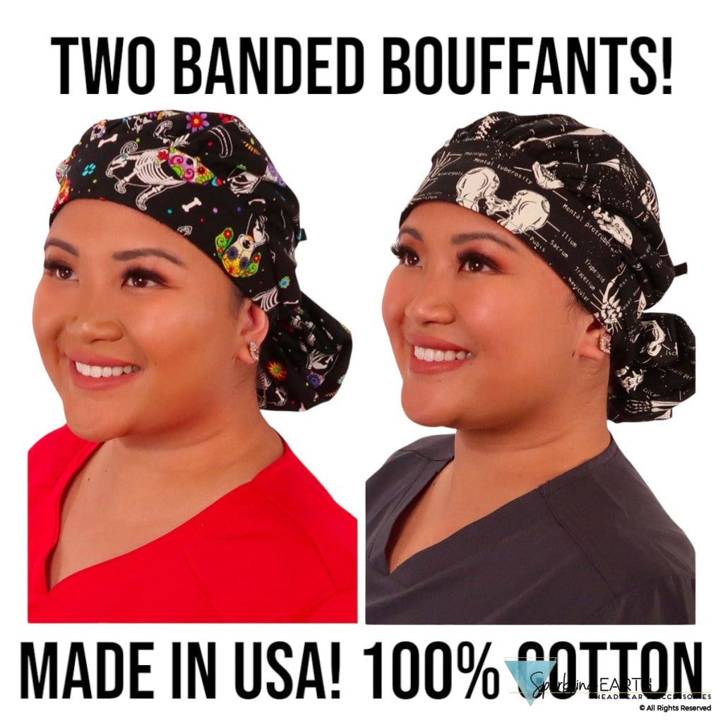 BUNDLE Banded Bouffant Ponytail Scrub Caps | Human Body Skeletons and X-Ray Dogs | American Made