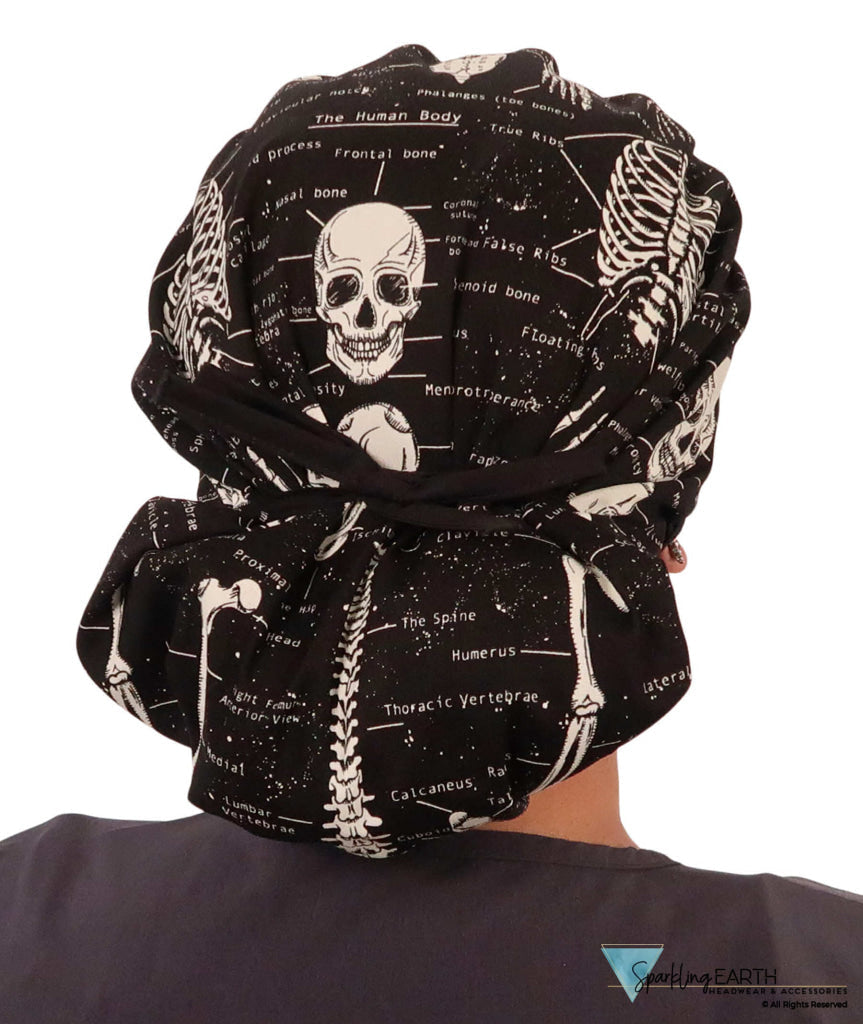 Stylish American Made Banded Bouffant Ponytail Scrub Cap - Human Body Skeletons with Black Ties (Glow in the Dark)
