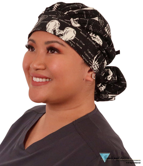 Stylish American Made Banded Bouffant Ponytail Scrub Cap - Human Body Skeletons with Black Ties (Glow in the Dark)