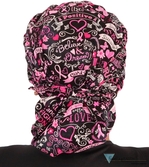 BUNDLE Banded Bouffant Surgical Scrub Cap - Pink Ribbon Collage and Tossed Pink Ribbons Designer Banded Bouffant