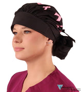 Stylish American Made Banded Bouffant Ponytail Scrub Cap - Tossed Pink Ribbons on Black SALE-Fall-2025