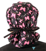 Stylish American Made Banded Bouffant Ponytail Scrub Cap - Wings of Hope (Pink Ribbons) with Black Ties Banded Bouffant