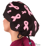 Stylish American Made Banded Bouffant Ponytail Scrub Cap - Tossed Pink Ribbons on Black SALE-Fall-2025