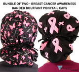 BUNDLE Banded Bouffant Ponytail Scrub Caps Wings of Hope and Tossed Pink Ribbons Designer Banded Bouffant Surgical Caps