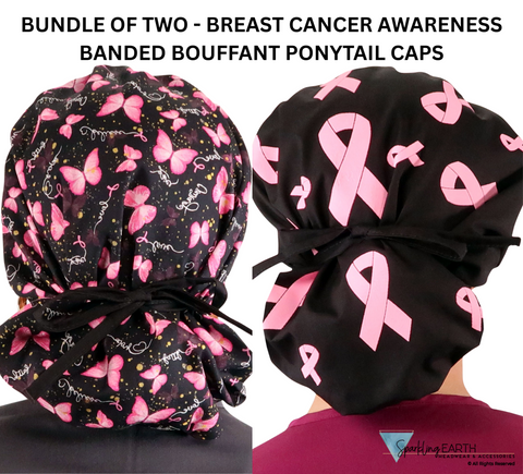 BUNDLE Banded Bouffant Ponytail Scrub Caps Wings of Hope and Tossed Pink Ribbons Designer Banded Bouffant Surgical Caps