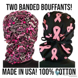BUNDLE Banded Bouffant Surgical Scrub Cap - Pink Ribbon Collage and Tossed Pink Ribbons Designer Banded Bouffant