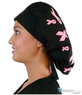 BUNDLE Banded Bouffant Surgical Scrub Cap - Pink Ribbon Collage and Tossed Pink Ribbons Designer Banded Bouffant