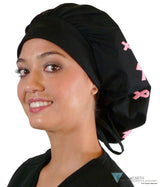 BUNDLE Banded Bouffant Surgical Scrub Cap - Pink Ribbon Collage and Tossed Pink Ribbons Designer Banded Bouffant