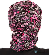 BUNDLE Banded Bouffant Surgical Scrub Cap - Pink Ribbon Collage and Tossed Pink Ribbons Designer Banded Bouffant