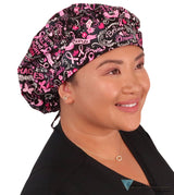 BUNDLE Banded Bouffant Surgical Scrub Cap - Pink Ribbon Collage and Tossed Pink Ribbons Designer Banded Bouffant