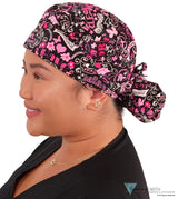 BUNDLE Banded Bouffant Surgical Scrub Cap - Pink Ribbon Collage and Tossed Pink Ribbons Designer Banded Bouffant
