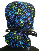 BUNDLE Big Hair Ponytail Surgical Scrub Cap | Perfect Scrub Cap for Long Hair | Tie Dye and Blue Green and Purple Dots