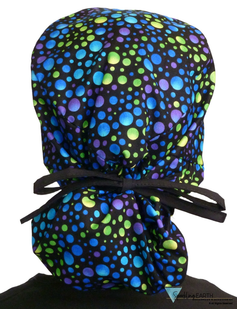BUNDLE Big Hair Ponytail Surgical Scrub Cap | Perfect Scrub Cap for Long Hair | Tie Dye and Blue Green and Purple Dots