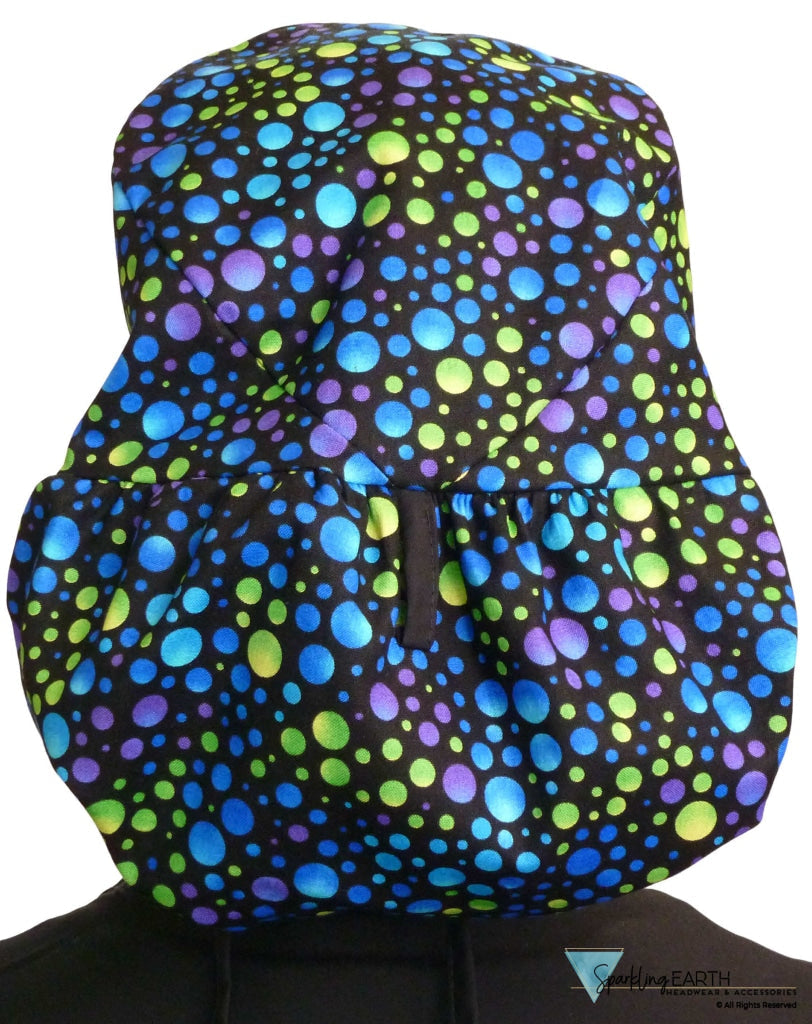 BUNDLE Big Hair Ponytail Surgical Scrub Cap | Perfect Scrub Cap for Long Hair | Tie Dye and Blue Green and Purple Dots