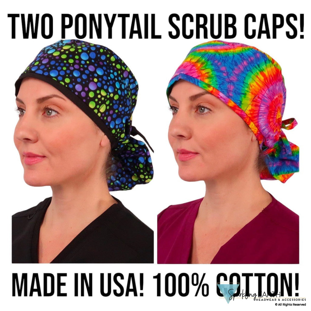 BUNDLE Big Hair Surgical Scrub Cap - Tie Dye and Blue Green and Purple Dots Designer Banded Bouffant Surgical Caps