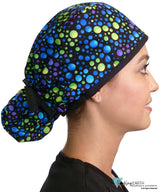 BUNDLE Big Hair Ponytail Surgical Scrub Cap | Perfect Scrub Cap for Long Hair | Tie Dye and Blue Green and Purple Dots