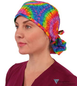 BUNDLE Big Hair Surgical Scrub Cap - Tie Dye and Blue Green and Purple Dots Designer Banded Bouffant Surgical Caps