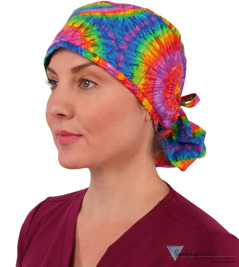 BUNDLE Big Hair Surgical Scrub Cap - Tie Dye and Blue Green and Purple Dots Designer Banded Bouffant Surgical Caps