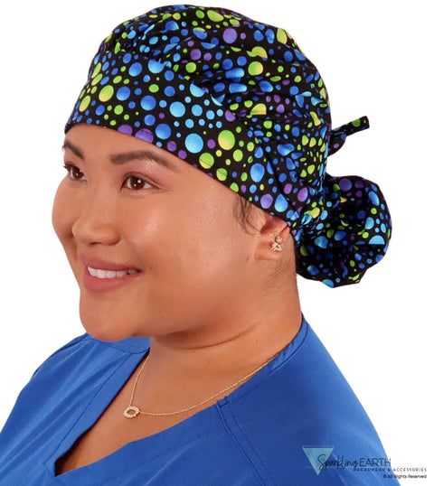 BUNDLE Big Hair Surgical Scrub Cap - Tie Dye and Blue Green and Purple Dots Designer Banded Bouffant Surgical Caps