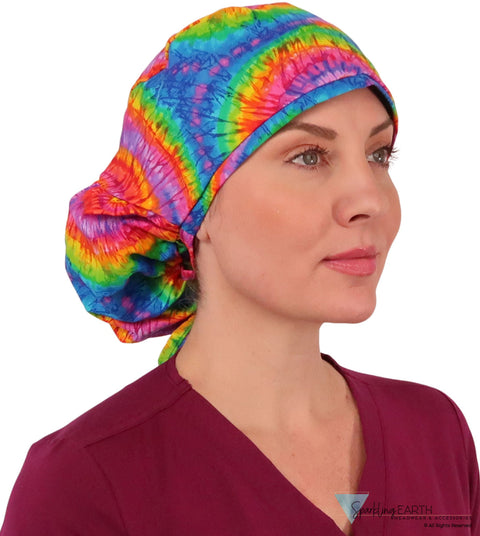 BUNDLE Big Hair Surgical Scrub Cap - Tie Dye and Blue Green and Purple Dots Designer Banded Bouffant Surgical Caps
