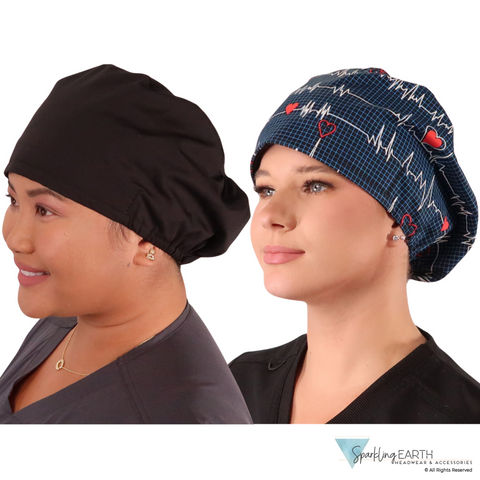 BUNDLE Euro Style Riley Comfort Scrub Cap | American Made | Black and Heartbeats on Navy Riley Comfort Scrub Caps