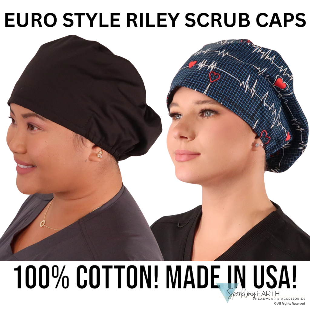 BUNDLE Euro Style Riley Comfort Scrub Cap | American Made | Black and Heartbeats on Navy Riley Comfort Scrub Caps