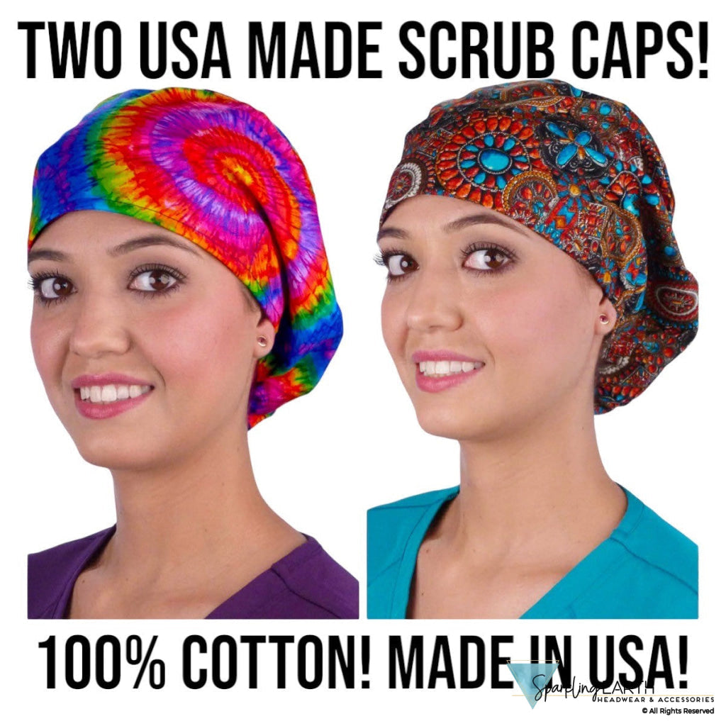 BUNDLE Riley Comfort Scrub Cap - Indian Jewelry Coral and Tie Dye Riley Comfort Scrub Caps