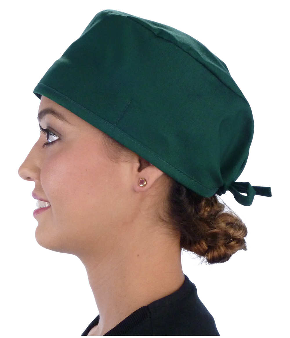Side Facing View of a Woman Wearing a Classic Cotton Surgical Scrub Cap - Hunter Green Scrub Cap