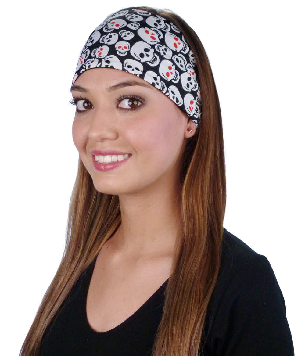 Reversible Stretch Headband – Stylish, Comfortable & USA-Made -  Red Eye Skulls on Black - Stretch Headbands - Sparkling EARTH