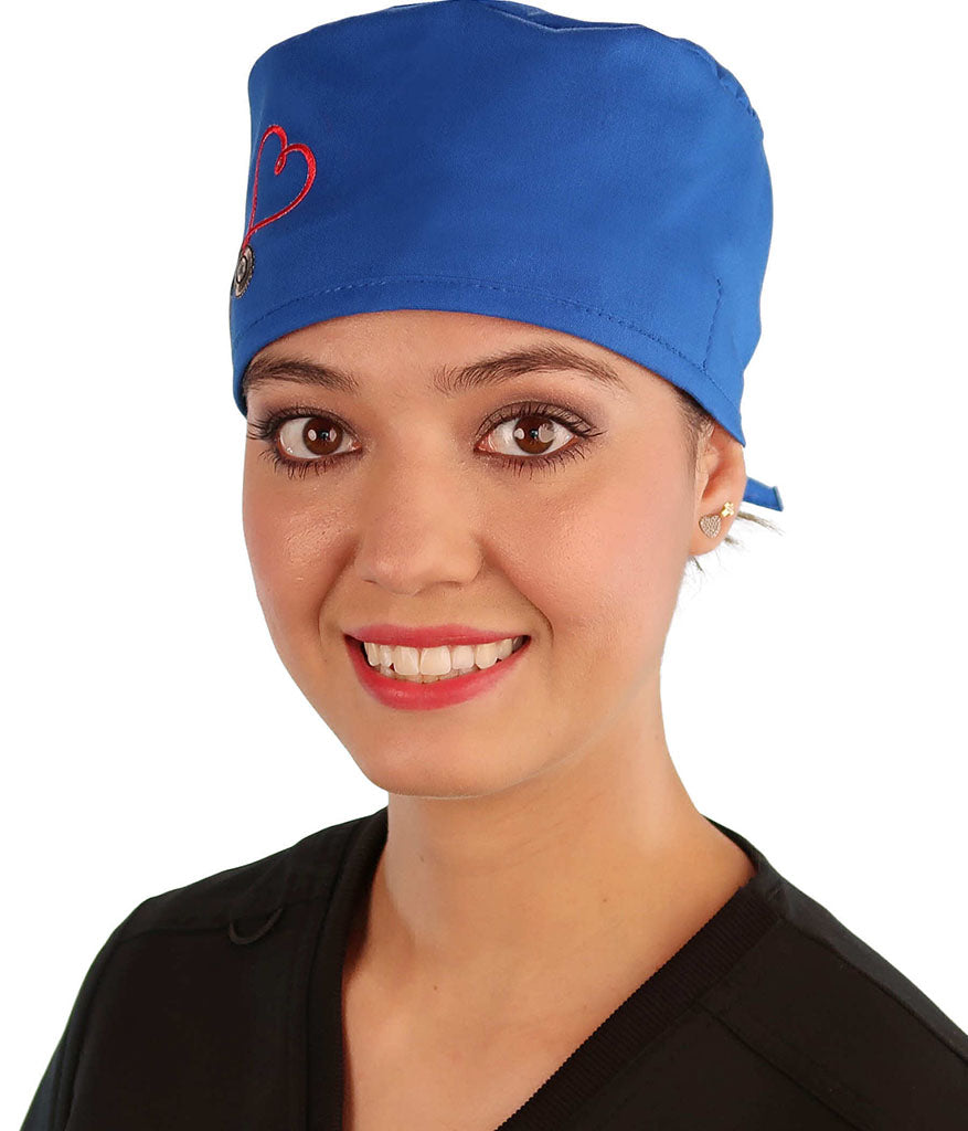Front Facing View of a Woman Wearing a Classic Cotton Surgical Scrub Cap - Royal Fabric with Heart Stethoscope Patch.