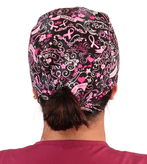 Surgical Cap-Pink Ribbon Collage on Black - Surgical Scrub Caps - Sparkling EARTH
