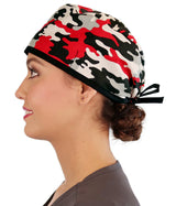 Surgical Cap - Red, Grey, Black & White Camouflage with Black Ties