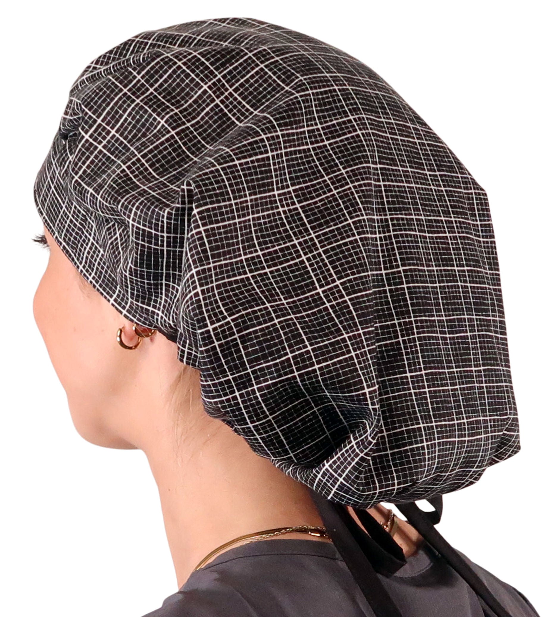 Stylish American Made Banded Bouffant Ponytail Scrub Cap - Check Mate with Black Ties Banded Bouffant Surgical Scrub