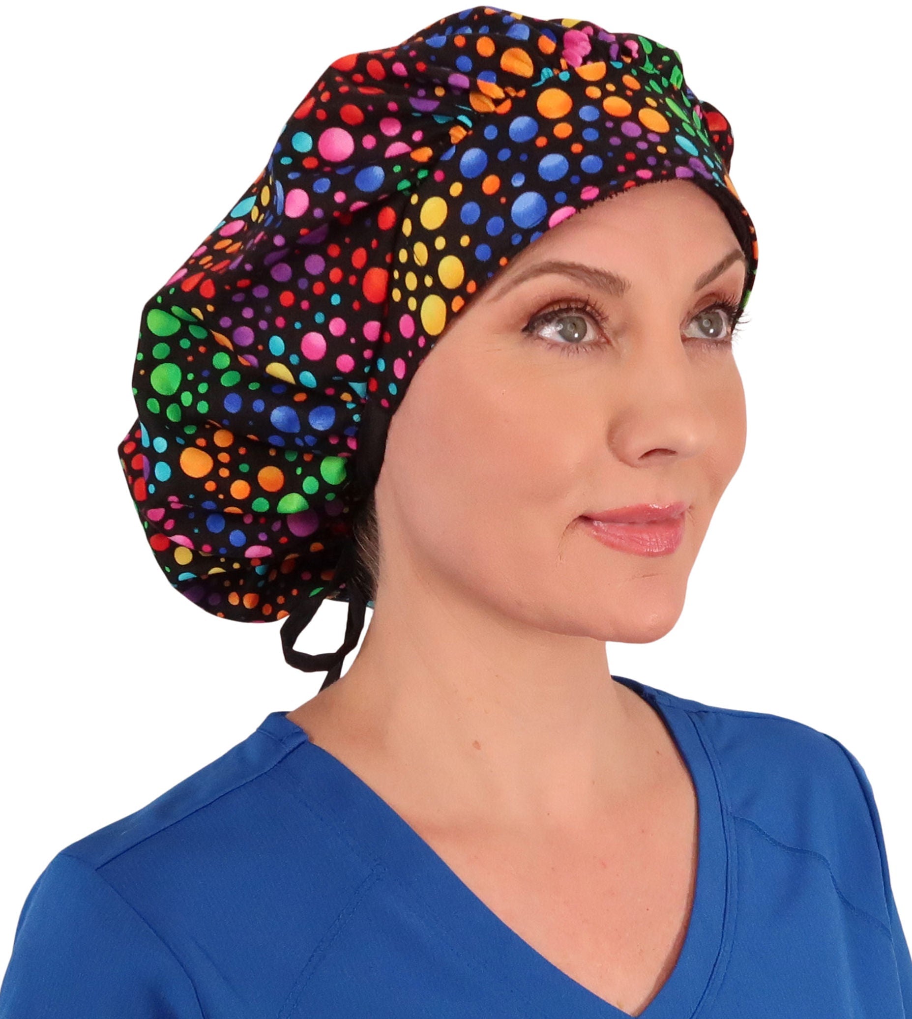 Front Facing Untied View of a Woman Wearing a Tied Back Banded Bouffant Ponytail Surgical Scrub Cap - Multi Color Dots Patterned Fabric with Black Ties 