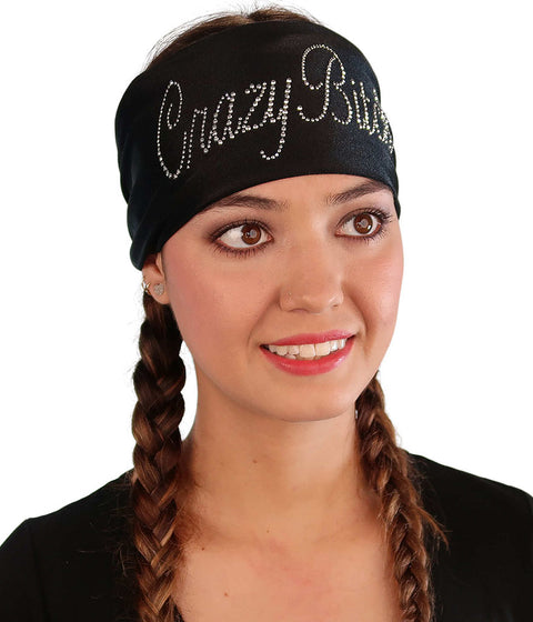 Embellished Stretch Headband - Black Headband with Silver Fancy Crazy Bitch Rhinestud Design