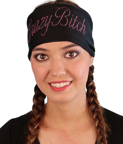 Embellished Stretch Headband - Black Headband with Dark Pink Fancy Crazy Bitch Rhinestud Design