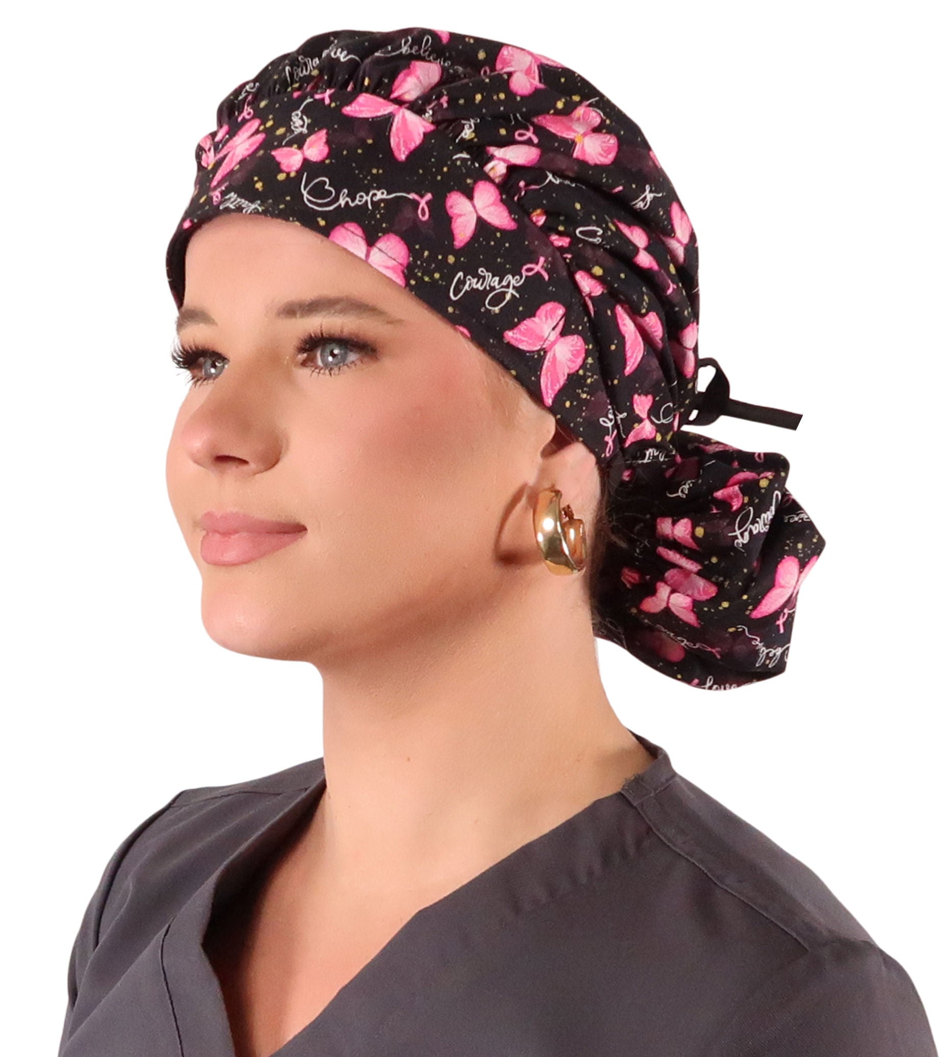 Banded Bouffant Ponytail Scrub Caps Wings of Hope (Pink Ribbons) with Black Ties Banded Bouffant Surgical Scrub Caps